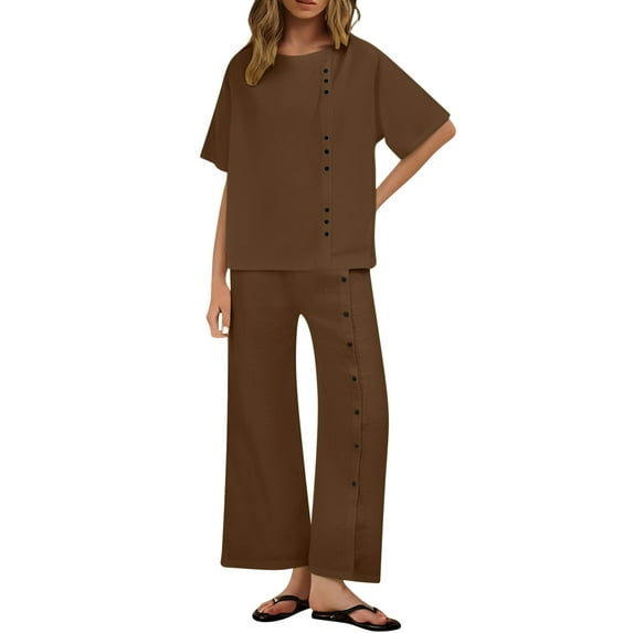 Summer Fashion Two Piece Sets for Women Dressy Plus Size Solid Button Decor Set+Short Sleeve Blouse +Wide Leg Split Pants Cotton And Linen Outfits