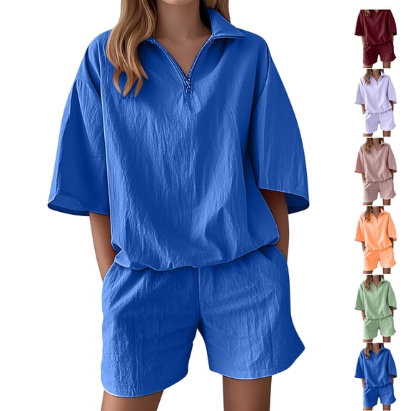 Summer Fashion Two Piece Sets for Women Dressy Plus Size Casual Solid Color Short Sleeved Shorts