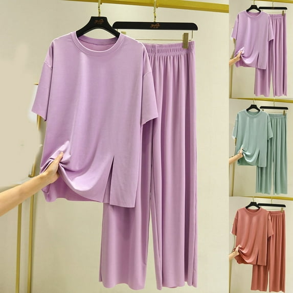 Summer Fashion Two Piece Sets for Women Dressy Plus Size Casual Solid Color Short-sleeved Round Teck Top And Trousers