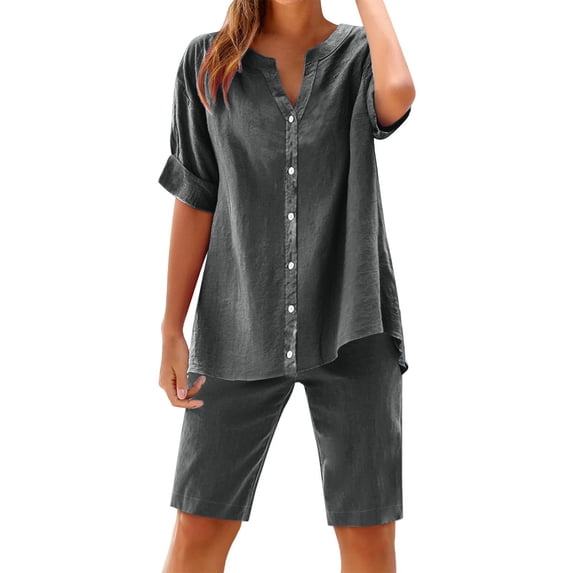 Summer Fashion Two Piece Sets for Women Dressy Plus Size Cotton And Linen Shorts Pants V-Neck Short Sleeve Shirt Set Casual
