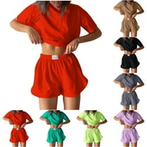 Summer Fashion Two Piece Sets for Women Dressy Plus Size Round Neck T-shirt Top Shorts Solid Color Shirt Suit
