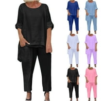 Summer Fashion Two Piece Sets for Women Dressy Plus Size Solid Color Round Neck Short Sleeve And Pants Sets With Pockets
