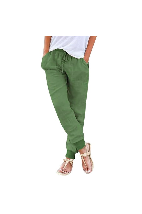 Summer Fashion Women 2025 Comfy Elastic Pants Work Pants Female Work Pencil Stretch for Women Stretchy Womens Tapered Drawstring Back Elastic Waist Casual Trousers With Pockets Green L