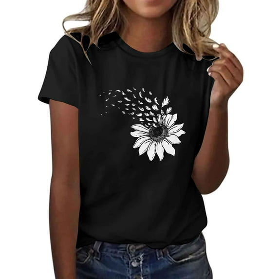 Summer Fashion Women 2025 Tops Short Sleeve Shirts Crew Neck Cute Trendy Tunic Blouses Daisy Dragonfly Graphic Tops Y2K Over 30 40 50 My Items Orders