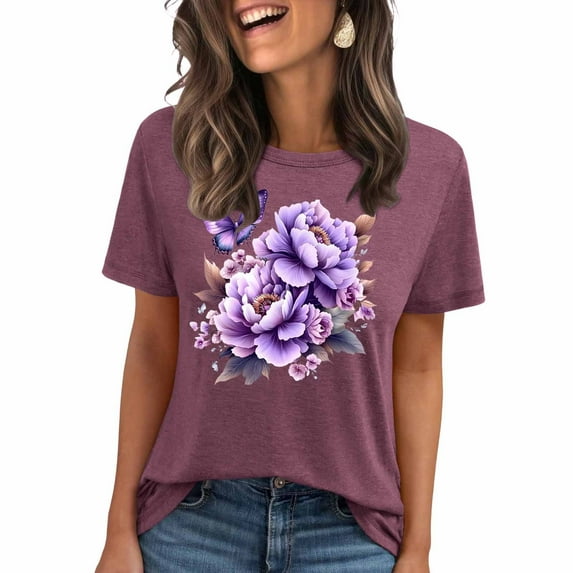 Summer Fashion Women 2025 Tops Short Sleeve Shirts Crew Neck Cute Trendy Tunic Blouses Daisy Dragonfly Graphic Tops Y2K Over 30 40 50 My Items Orders