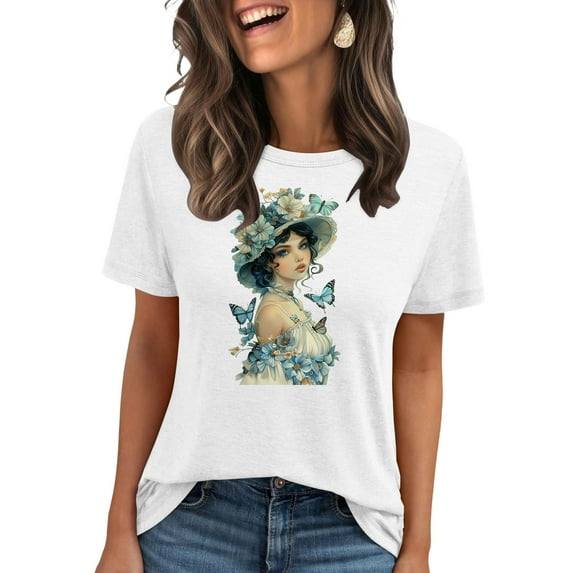 Summer Fashion Women 2025 Tops Short Sleeve Shirts Crew Neck Cute Trendy Tunic Blouses Daisy Dragonfly Graphic Tops Y2K Over 30 40 50 My Items Orders