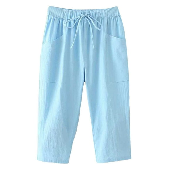 Summer Fashion Women 2025 Womens Business Casual Pants Elastic Waist Casual Pants Women Linen Dress with Pockets Women's Size 16 Summer for Lightweight Womens Trousers Waist Loose Pocket Blue XXXL