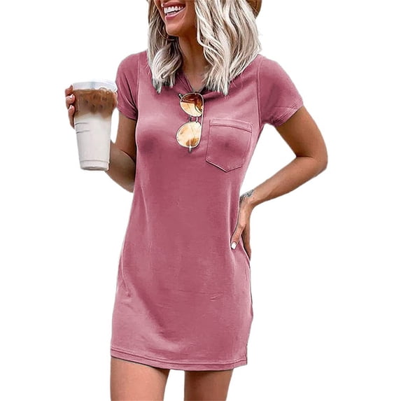 Summer Fashion Women T Shirt Dress Mini Dress Crew Neck Short Sleeve Dress Solid Color Casual Dress with Pocket