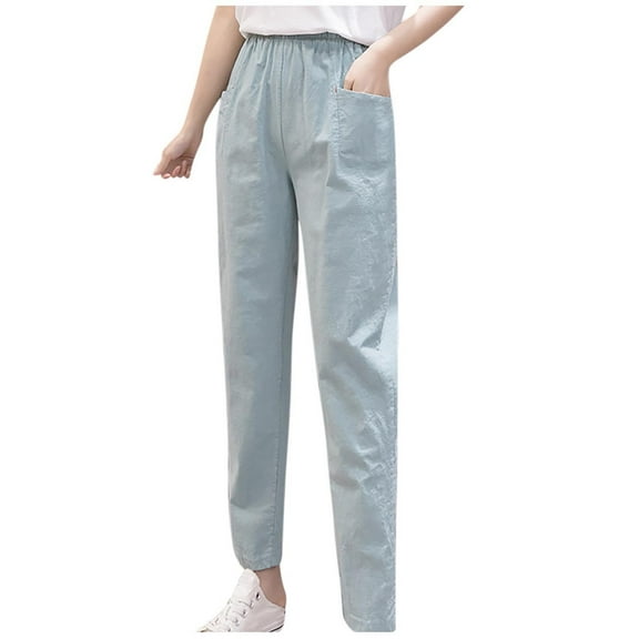 Summer Fashion for Women Women Spring And Summer Solid Color Slim Straight Pants Thin Casual Cropped Pants Features: Stretch for Womens Trendy Clothes Casual Cargo Pant Linen Seersucker Green M