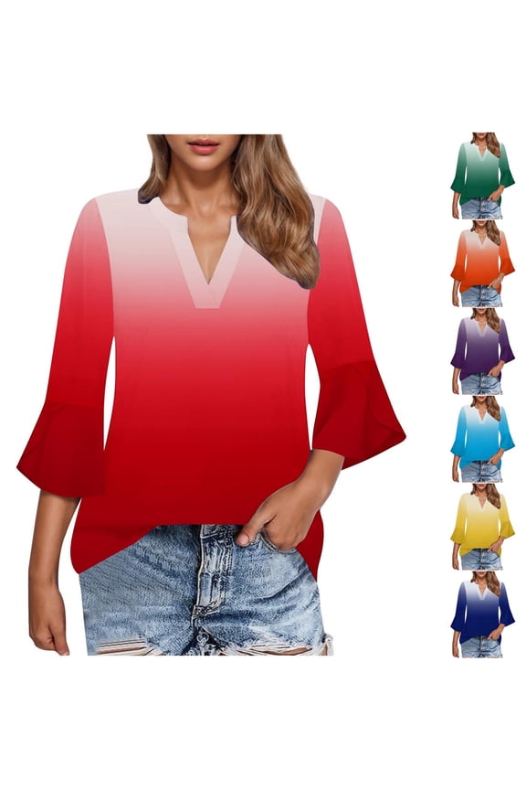 Summer Fashion Women's V-Neck 3/4 Flare Sleeve T-Shirt Pullover Blouse Lightweight Breathable Casual Floral Print Top Spring And Summer Vacation | CSEONE,Orange L