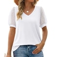 thumbnail image 1 of Summer Fashion Women's V-Neck Puff Sleeve Short Shirt - Pure Color Loose Fit Casual Blouse in White, Size M, 1 of 6