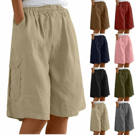 Summer Fashion Womens Bermuda shorts Plus Size Cotton Linen Solid Color Loose Straight Leg With Pockets Drawstring Clearance Under 10$!