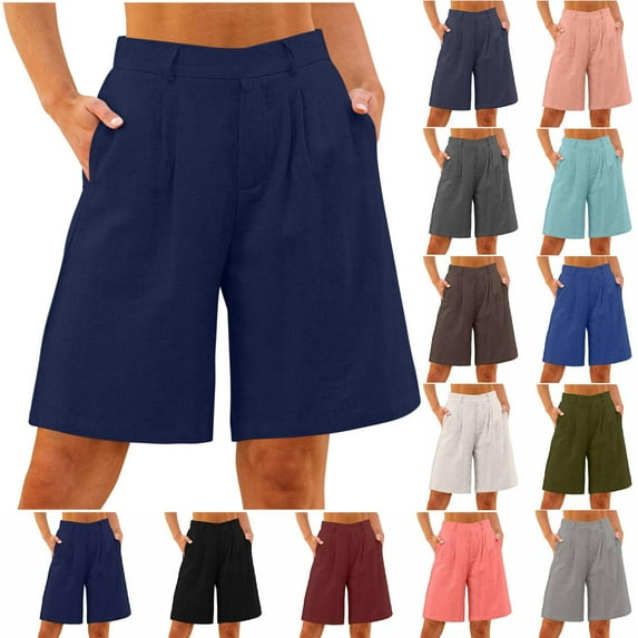 Summer Fashion Womens Bermuda shorts Plus Size Cotton Linen Solid Color Loose Straight Leg With Pockets Side Slit Buttons Clearance Under 10$!