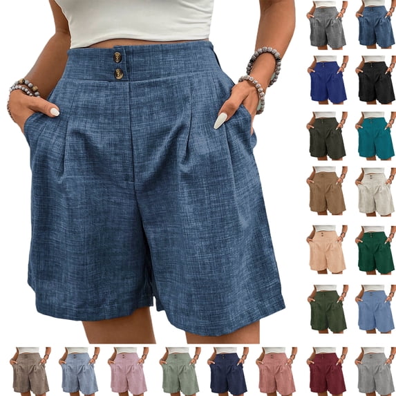 Summer Fashion Womens Bermuda shorts Plus Size Cotton Linen Solid Color Loose Straight Leg With Pockets Side Slit Buttons Clearance Under 10$!