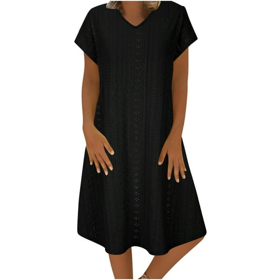 Summer Fashion Womens Dresses Plus Size Casual Loose Solid-neck Lock Short Sleeved