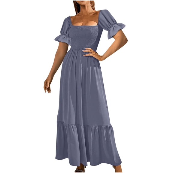 Summer Fashion Womens Dresses Plus Size Casual Square Neck Solid Short Sleeve Long