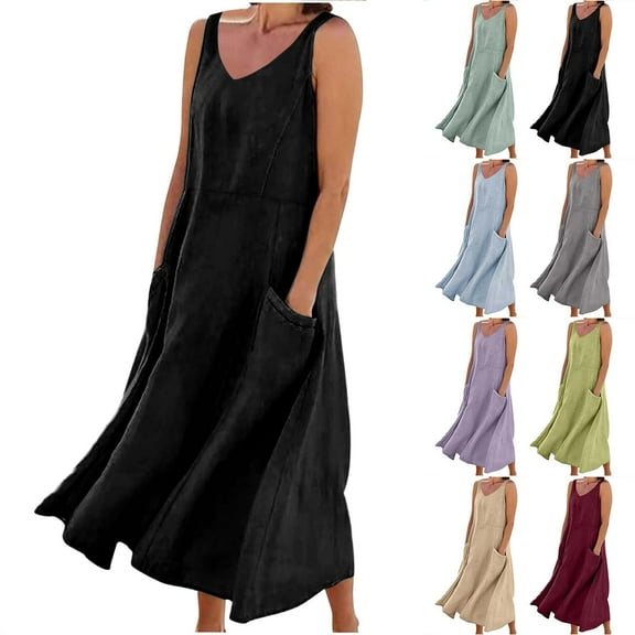 Summer Fashion Womens Dresses Plus Size Cotton And Linen Long Sleeveless Solid Color With Pocket