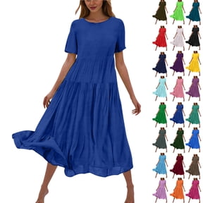 Summer Fashion Womens Dresses Plus Size Flower Solid Color Casual Short Sleeve Crewneck Casual Flowy Tiered Maxi Beach