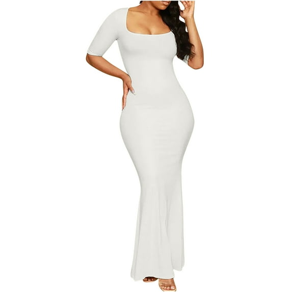 Summer Fashion Womens Dresses Plus Size Solid Color Collar A-line High Waist Slim Short Sleeve Fishtail