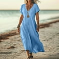 thumbnail image 1 of Summer Fashion Womens Dresses Plus Size Solid Color Cotton Linen Short Sleeved V-neck Dress Skirt Casual Dresses Blue XXXXL, 1 of 6