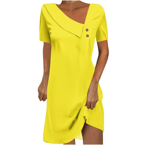 Summer Fashion Womens Dresses Plus Size Solid Color Short Sleeve Round-Neck Mid-Calf