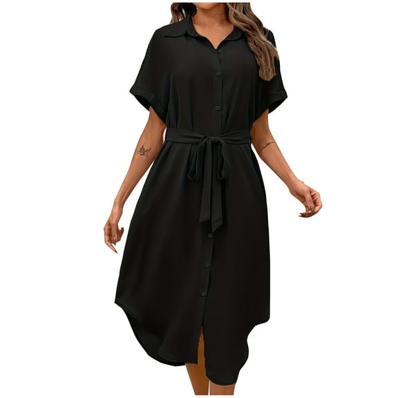Summer Fashion Womens Dresses Plus Size Solid Color Tie Irregular Short Sleeve Turndown Collar