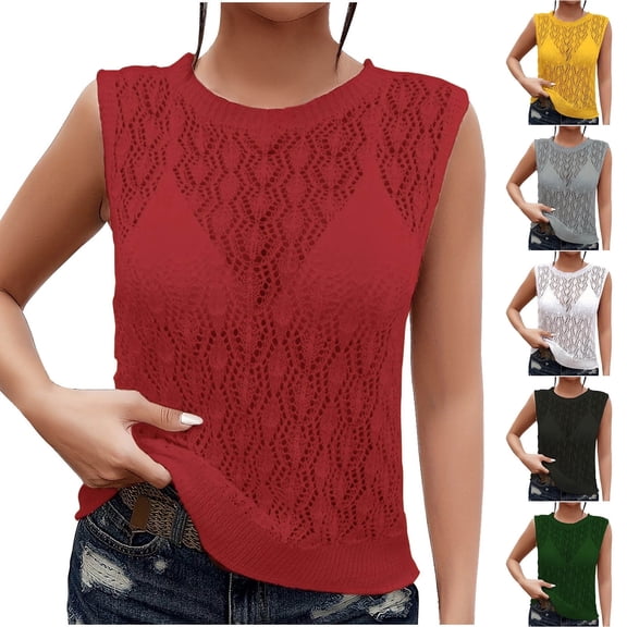 Summer Fashion Womens Shirts Plus Size Casualolid Color Knittedleeveless Crew Neck Tank