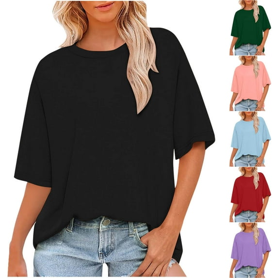 Summer Fashion Womens Tops 2025 Plus Size Casual Short Sleeve Solid Color Ladies Round Neck Top Blouse