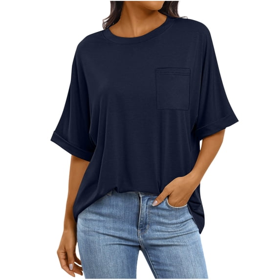 Summer Fashion Womens Tops 2025 Plus Size Casual Short Sleeve Solid Color Pocket Ladies Round Neck Top Blouse