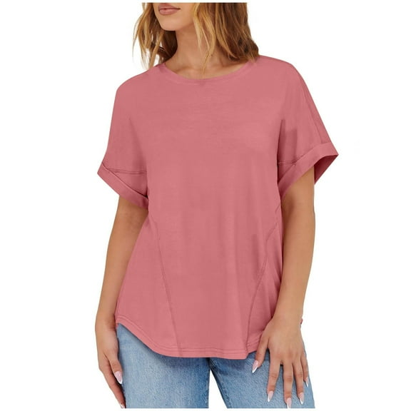 Summer Fashion Womens Tops 2025 Plus Size Casual Solid Color Round Neck Loose Short Sleeve T-shirt Top Blouses