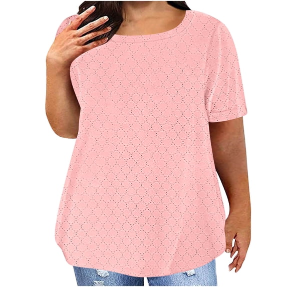 Summer Fashion Womens Tops 2025 Plus Size Solid Color Round Neck Short Sleeve Blouses