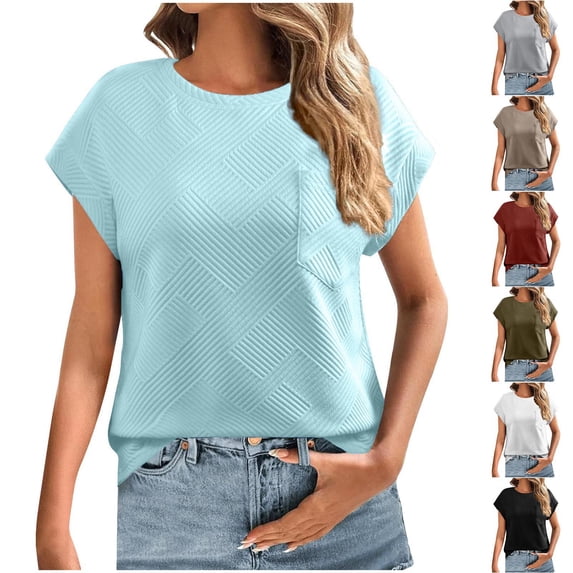 Summer Fashion Womens Tops 2025 Plus Size Solid Color Textured Pocket Short Sleeved Round Neck Loose Top