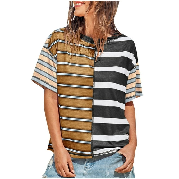 Summer Fashion Womens Tops 2025 Plus Size Striped Shirt Casual Color Blocked Short Sleeved Top Loose Round Neck T-shirt