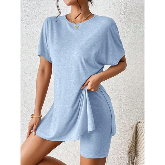 Summer Fashion Womens Two-Piece Set Solid-Color Casual Round-Neck Slit Top And Tight Shorts