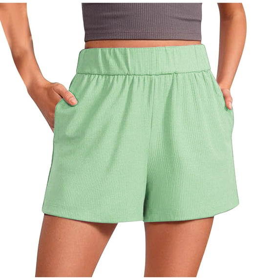 Summer Fashion Yoga Shorts for Womens Casual Plus Size Solid Color Ribbed Casual Knitted Elastic Waist Sports Shorts With Pockets