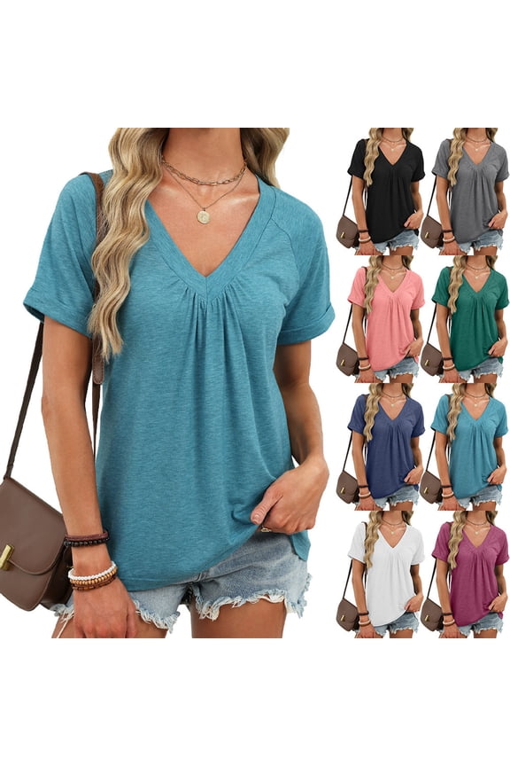 Summer Fashion for Women V Neck Short Sleeve Shirts Casual Pleated Tops Spring Casual Blouses Wine,Size 2XL