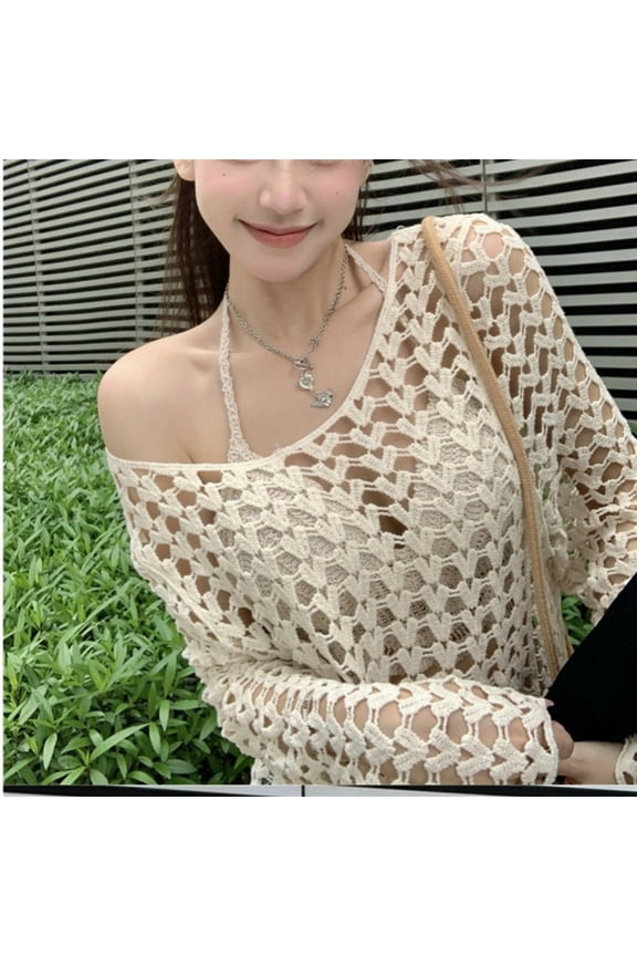 Summer Female Sweater Solid Color Hollow Out See Through Sexy Women's Knitted Pullovers Young Lady Beach Shirts Sunscreen Shirt