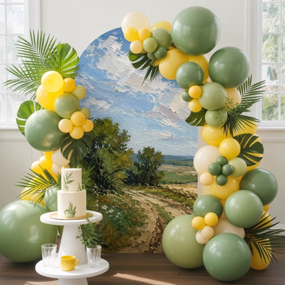 Summer Field Arch Backdrop Cover, 4FT, Oil Painting Texture Rural Path Trees Clouds Grass Spandex Arch Covers Double-Sided Backdrop for Wedding Birthday Party Photo Background Decoration