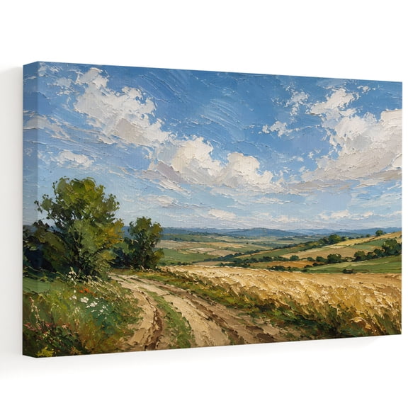 Summer Field Canvas Wall Art, Oil Painting Texture Rural Path Trees Clouds Grass Wall Art Prints Artwork Framed Canvas Ready to Hang Art Pictures for Bathroom, Dressing Table, Entryway 12" x 8"