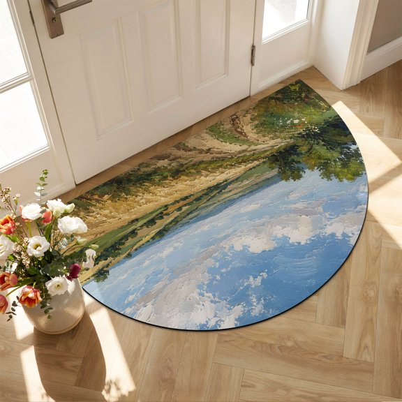 Summer Field Diatomaceous Earth Bath Mat, Oil Painting Texture Rural Path Trees Clouds Grass Half Round Non-Slip Quick Dry Door Mat Super Absorbent Bath Rug for Bathroom Kitchen Laundry 16x24in