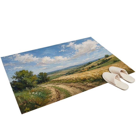 Summer Field Entryway Rug 2'x3' Oil Painting Texture Rural Path Trees Clouds Grass Small Area Rug Non-Slip Front Door Mat Washable Floor for Front‑Door Area, Kitchen Sink Zone, Bathroom