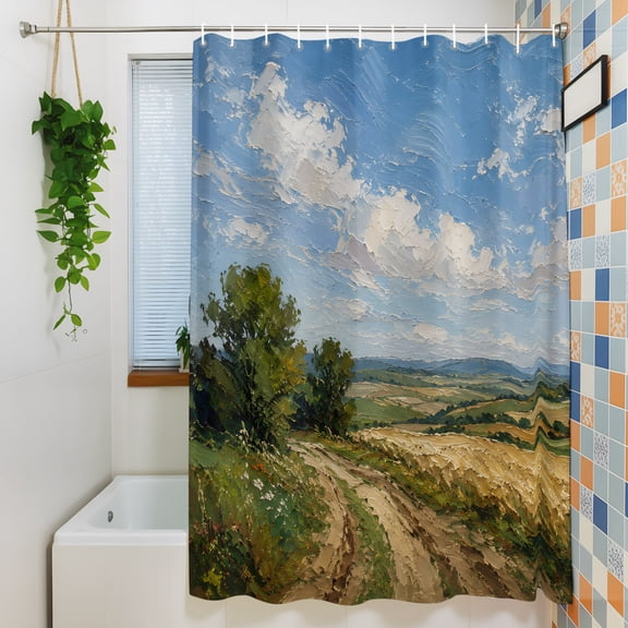 Summer Field Shower Curtain for Bathroom Decor, Oil Painting Texture Rural Path Trees Clouds Grass Waterproof Fabric Shower Curtain, 36"x72" Set with 12 Hooks