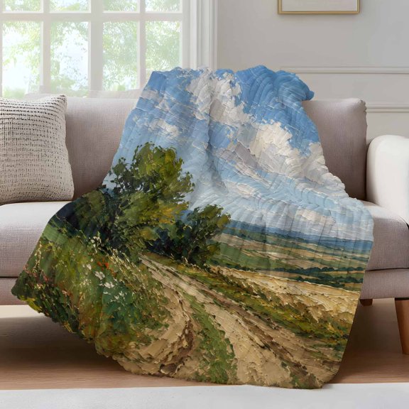 Summer Field Throw Blanket for Couch Oil Painting Texture Rural Path Trees Clouds Grass Soft and Warm Flannel 3D Striped Fuzzy Fleece Blanket Lightweight Throw for Bed, Sofa 30 x 40 Inches