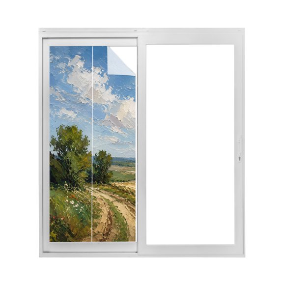 Summer Field Window Privacy Film Oil Painting Texture Rural Path Trees Clouds Grass Decorative Glass Window Film UV Blocking Static Cling Non-Adhesive Sticker Covering 17.7 x 39.3 inches