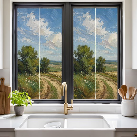 Summer Field Window Privacy Film Oil Painting Texture Rural Path Trees Clouds Grass Non Adhesive Window Cling Stickers Static Cling Glass Decals for Home Party Decoration 17.7 x 39.3 in