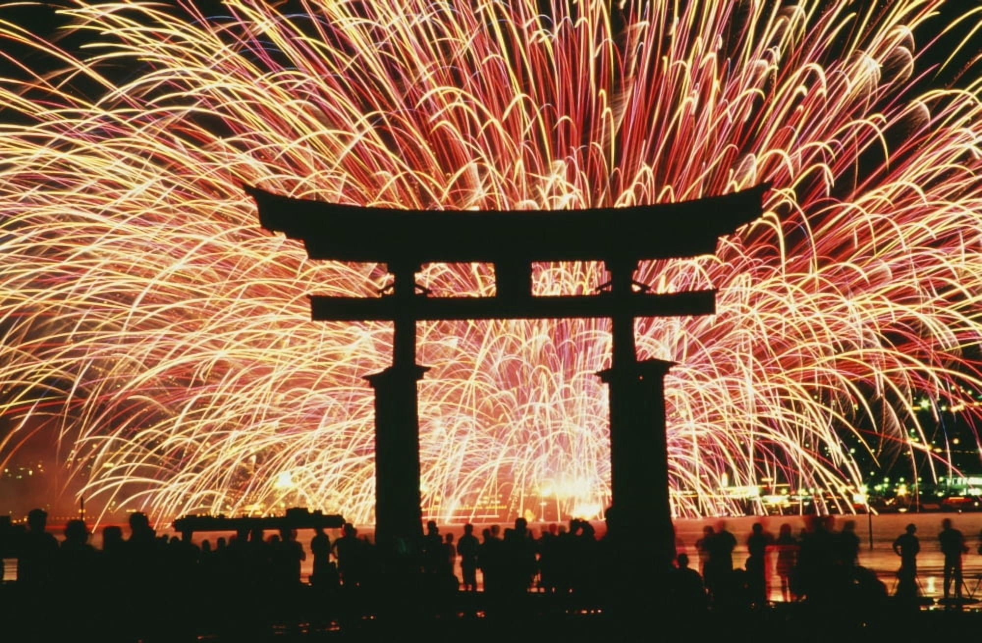 Summer Fireworks At Itsukushima Shrine Canvas Art - Paul Quayle Design Pics (19 x 12)