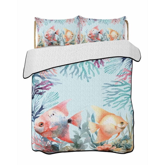 Summer Fish 3 Piece Quilt Bedding Set with 2 Pillow Shams, Nautical Watercolor Orange Red Marine Life Coral Seaweed Lightweight Bedspread Coverlet, Soft Breathable All Season Quilt, 68 x 98 Inch