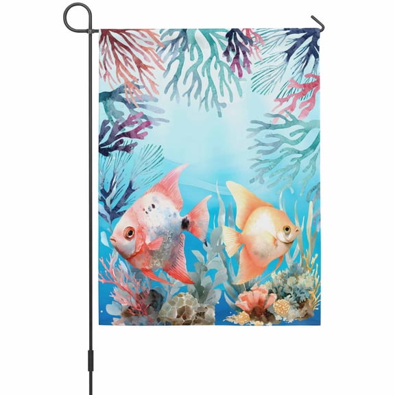 Summer Fish House Flags For Outdoor, Nautical Watercolor Orange Red Blue Marine Life Coral Seaweed Small Double Side Yard Flags Weather Proof House Decor for Lawn Outside Holiday 28 x 40 Inches