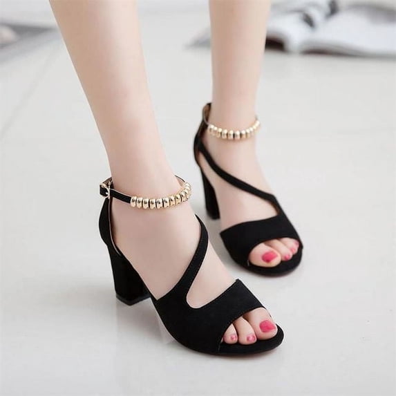 Summer Fish Mouth Fashion Chunky Sandals Women‘s Medium with A Line Buckle 100 Network Red Casual Women‘s High Heels