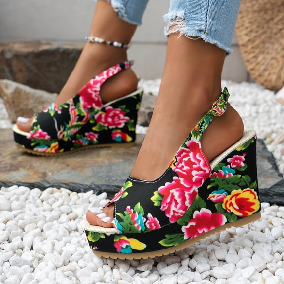 Summer Fish Mouth Print Thick Soled One-line Buckle Casual Wedge Sandals Summer Sandals for Women Black 37
